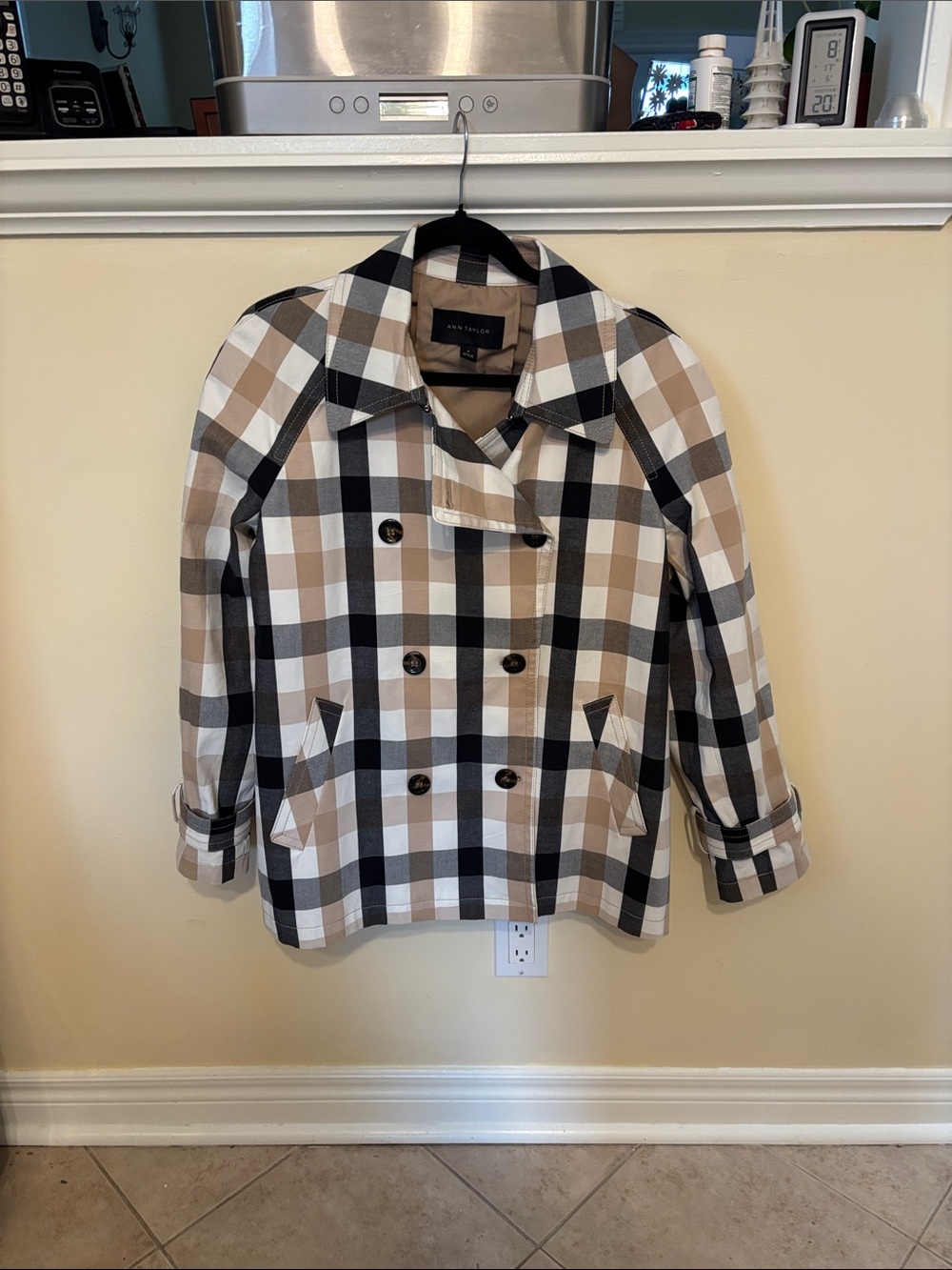 Ann Taylor Plaid Double-Breasted Peacoat in Beige, Black & White